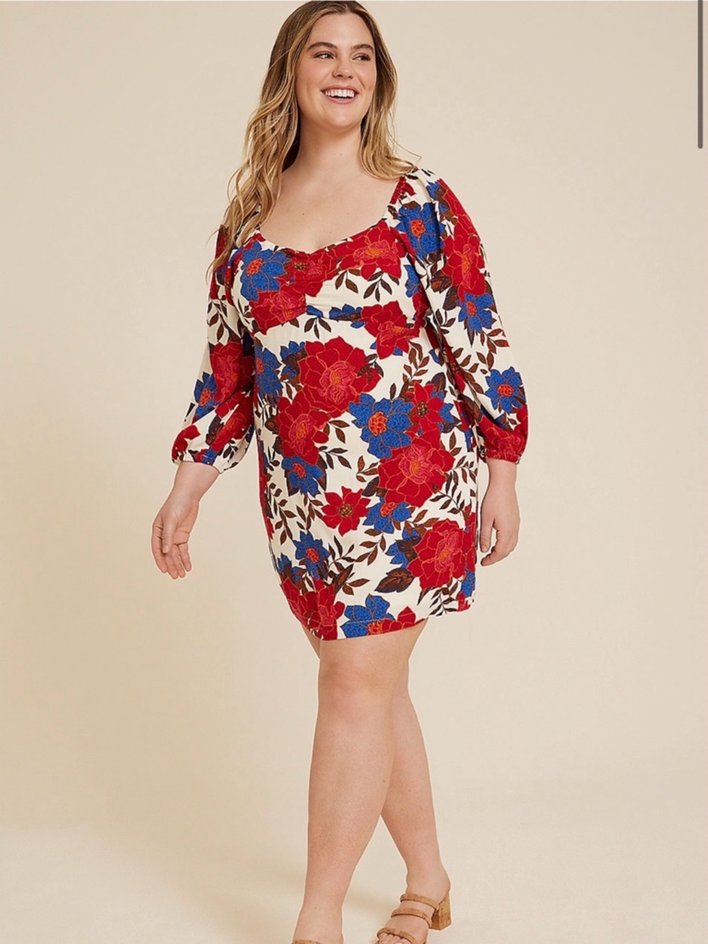NWT Maurices Red and Blue Floral Sweetheart Babydoll Mini Dress Size 2X